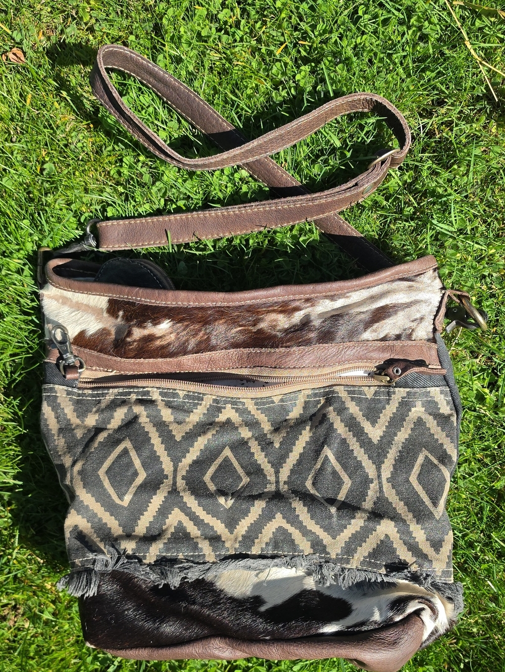 Myra Bag Brown, Cream and Black Boho Geometric Crossbody with Cowhide Accents